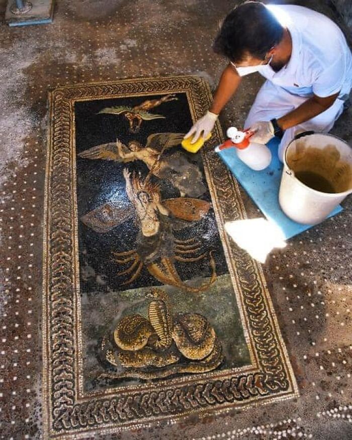 Taking Care Of The Extraordinary "Mosaico Di Orione" (Orion Mosaic) From The Late II Bc - Early I Bc. This Amazing Piece Of Art Is Located In The “House Of The Orion”, Pompeii. The “House Of Orion” Survived With Much Of Its Interior Preserved