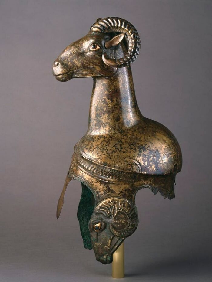 Greek Ram Helmet, Southern Italy, Crafted From A Single Sheet Of Bronze During The Archaic Period, 525-500 Bc