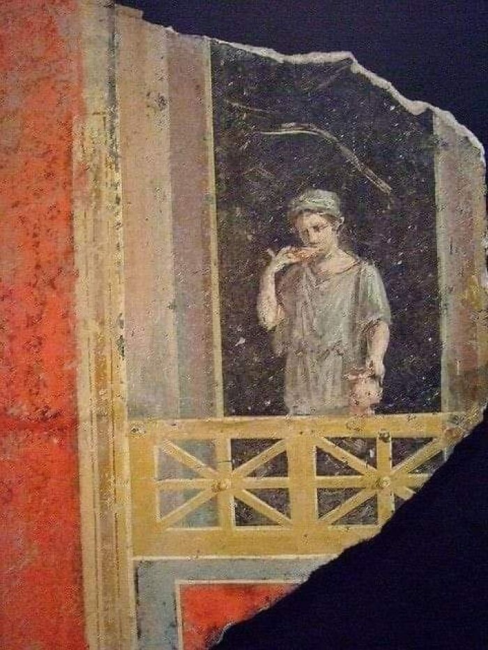 Everyday Life In Pompeii Fantastic Fresco Fragment Showing A Woman Drinking Water On A Balcony. End Of First Century Bc Getty Villa Malibu