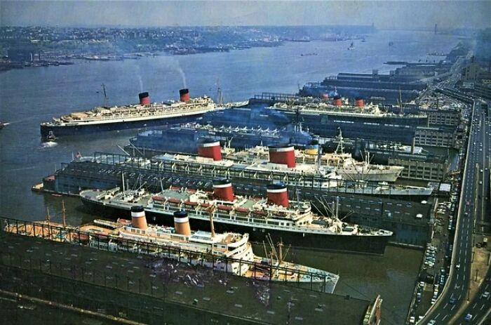 Ocean Liners Docked At The New York Passenger Ship Terminal, New York City, Circa 1960