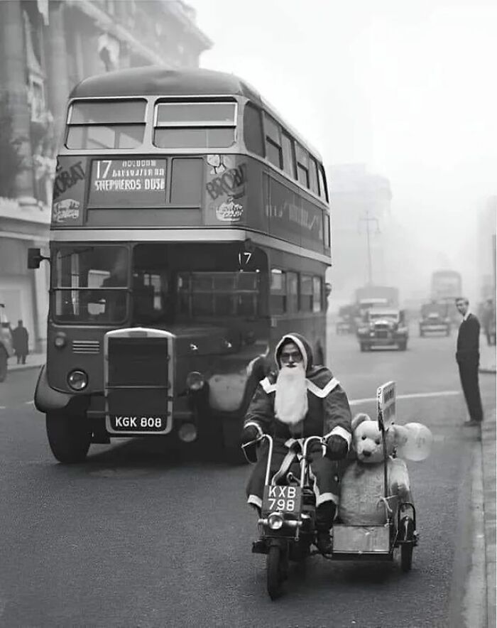 December 17, 1949: Santa Claus Rides A Motorbike With A Sidecar Down Oxford Street In London, England