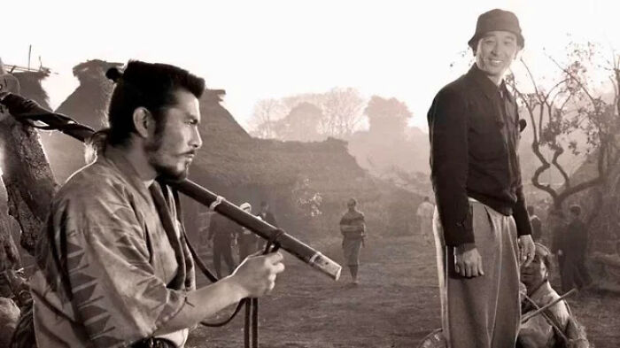 Two Of The Biggest Names In Japanese Cinema History: Actor Toshiro Mifune And Director Akira Kurosawa On The Set Of Seven Samurai, 1954