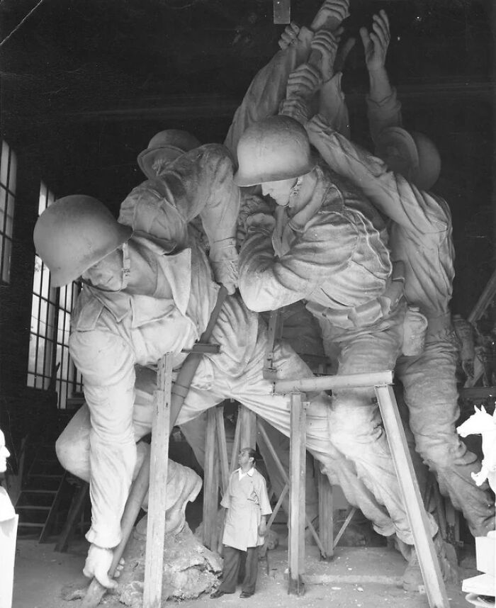 Sculptor Felix De Weldon Working On The Plaster Model Of The Us Marine Corps War Memorial, C. 1954. His Artwork Is Located Just Outside Of Arlington National Cemetery, In Virginia