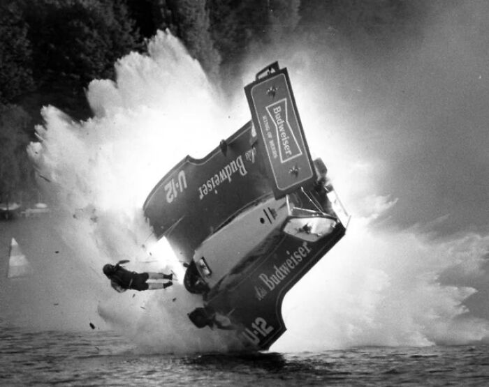 Hydroplane Racer Dean Chenoweth Crashes The Miss Budweiser Hydroplane After A Speed Record Attempt In Which He Reached Over 200 Mph, Lake Washington, Seattle, 1979