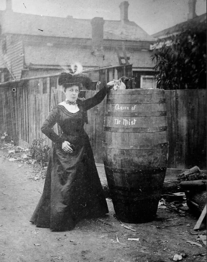 Annie Edson Taylor Poses With Her Cat And The Barrel She Rode Over The Fall, Of 1901