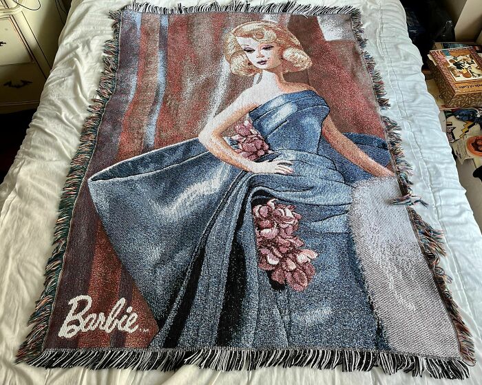 It Was Perfect Timing Coming Across The Classic Barbie Throw Rug At Value Village Yesterday. No Tag On It And I Can’t Find Any Other Image Of It Online. It’s Very Difficult To Capture In Photos, But Every Part Of Her Is Accented With Shiny Gold Thread. I Think It’s Magnificent!