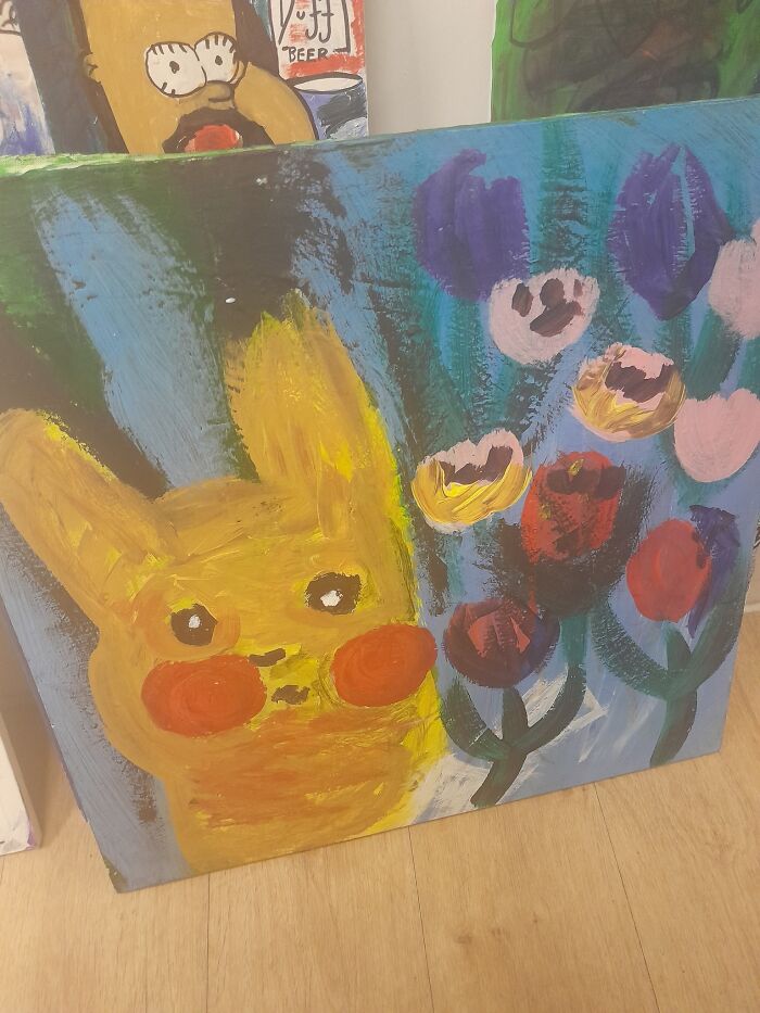Secondhand Shop Mega Find, Someone's Collection Of Pokemon Simpsons Mash Up Paintings. This Was My Fave. Left For Someone To Catch For Themselves. Newcastle Upon Tyne UK