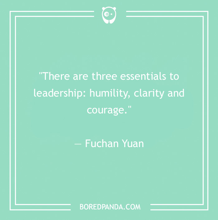 Quote about leadership essentials by Fuchan Yuan on a mint background.