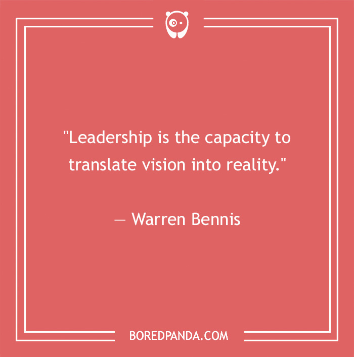 Warren Bennis quote on leadership, featured on a red background with Bored Panda branding.