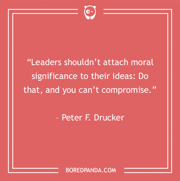 Quote by Peter F. Drucker on leadership principles in a red frame.