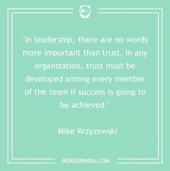 Quote on leadership and trust by Mike Krzyzewski on a mint green background.