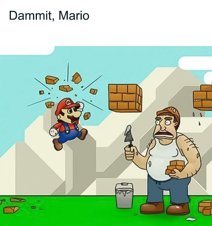 A worker cements square bricks and Mario breaks them
