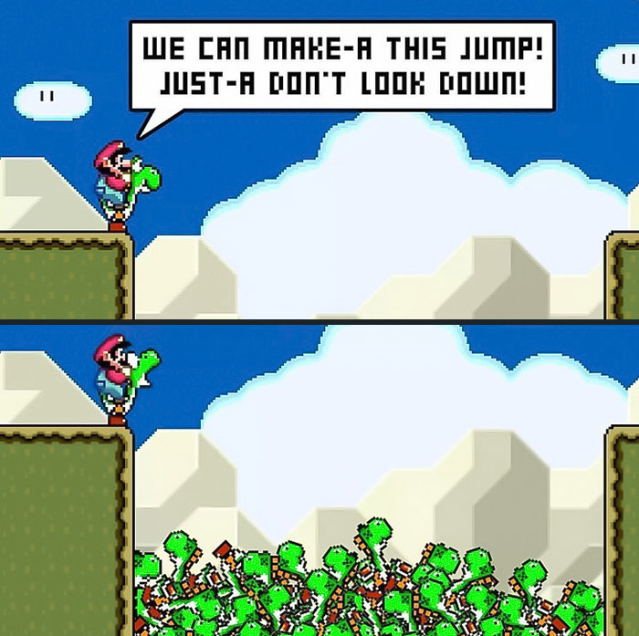Mario and Yoshi preparing to jump from one ground to other