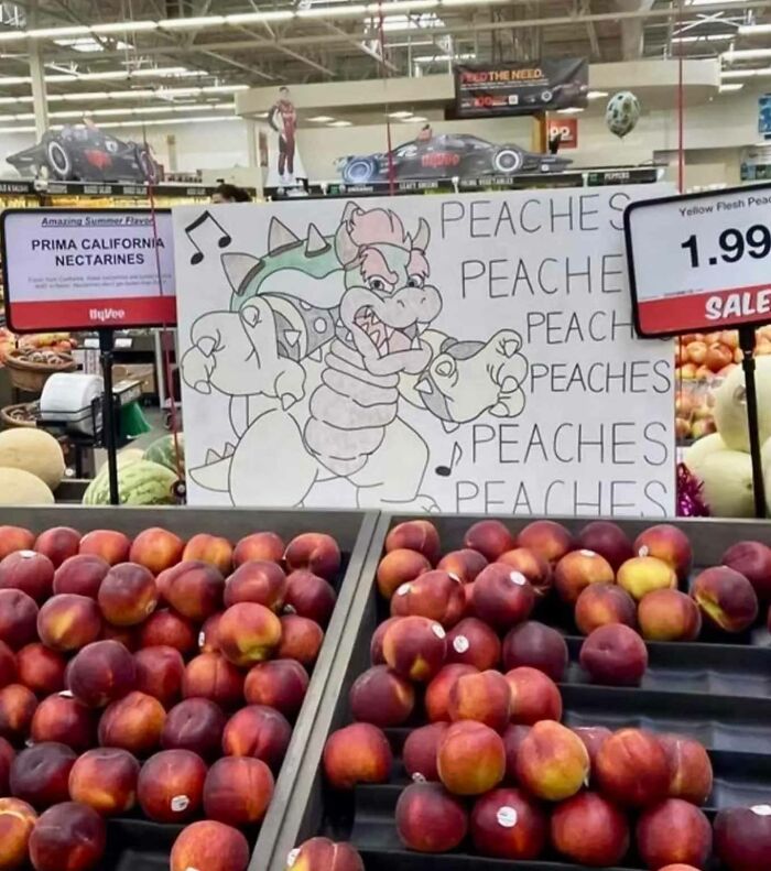 Peach commercial with Bowser poster in the supermarket
