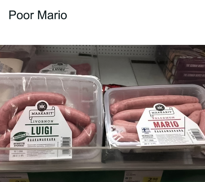 Sausages from Mario and Luigi in supermarket shelf