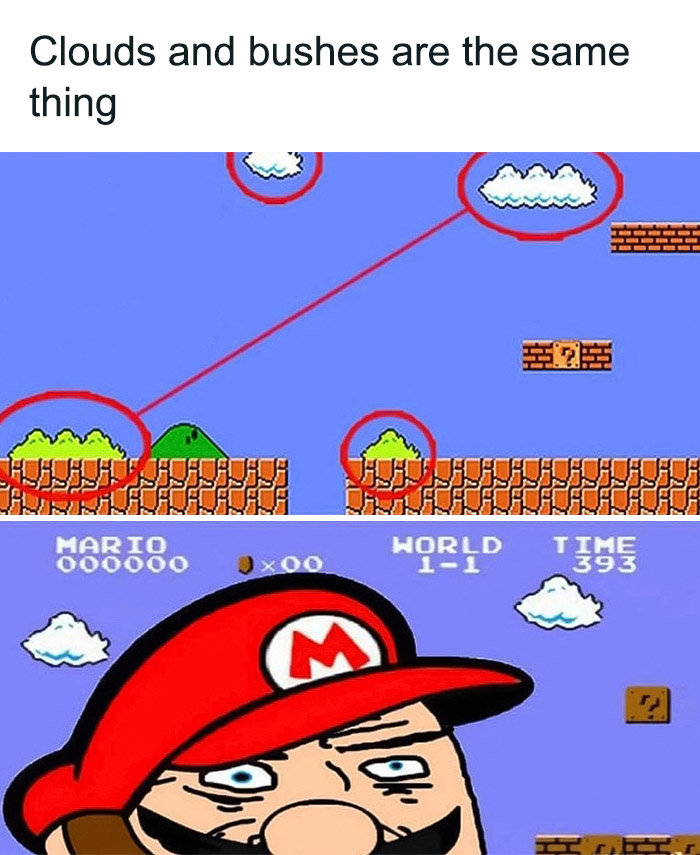 Mario game bushes and clouds are the same design