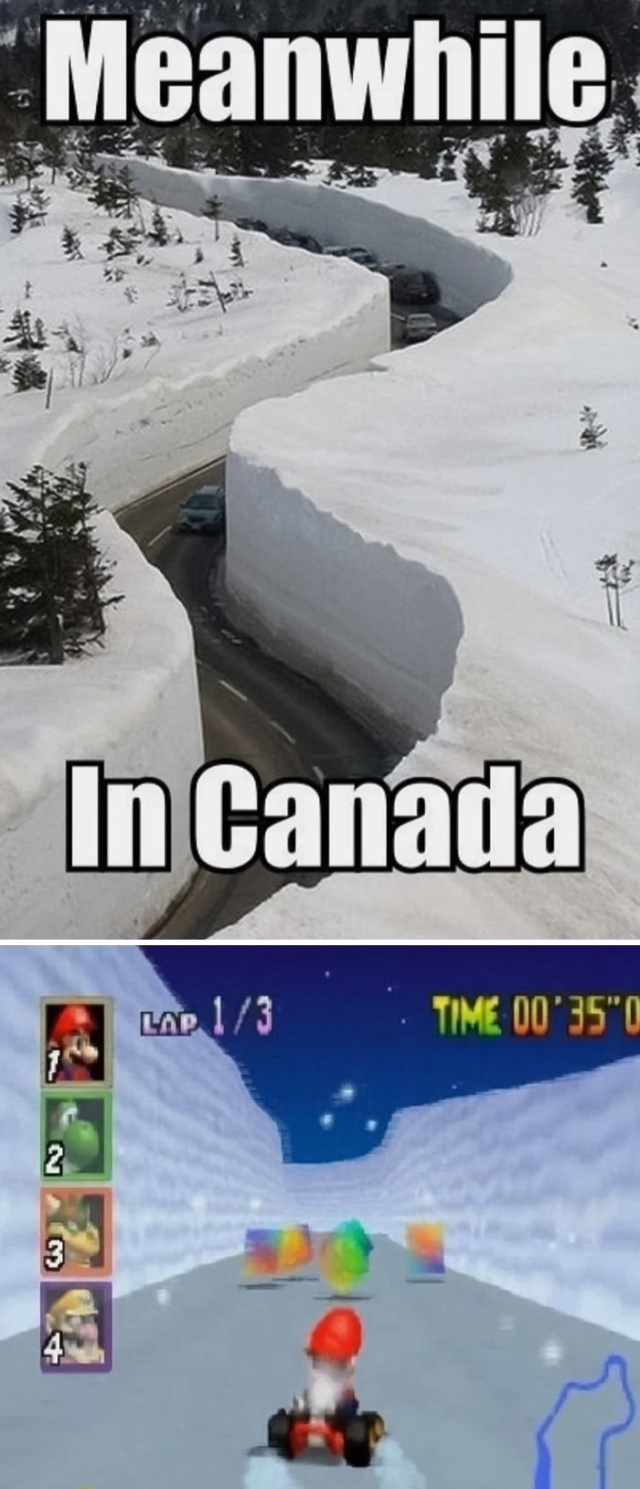 Mario Kart game track compared to Canada road in winter