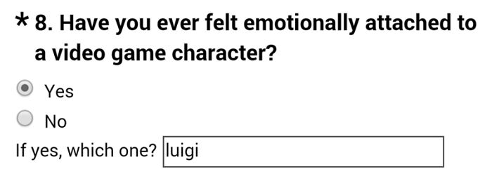 Survey's 8th question about emotional attachment for video game character