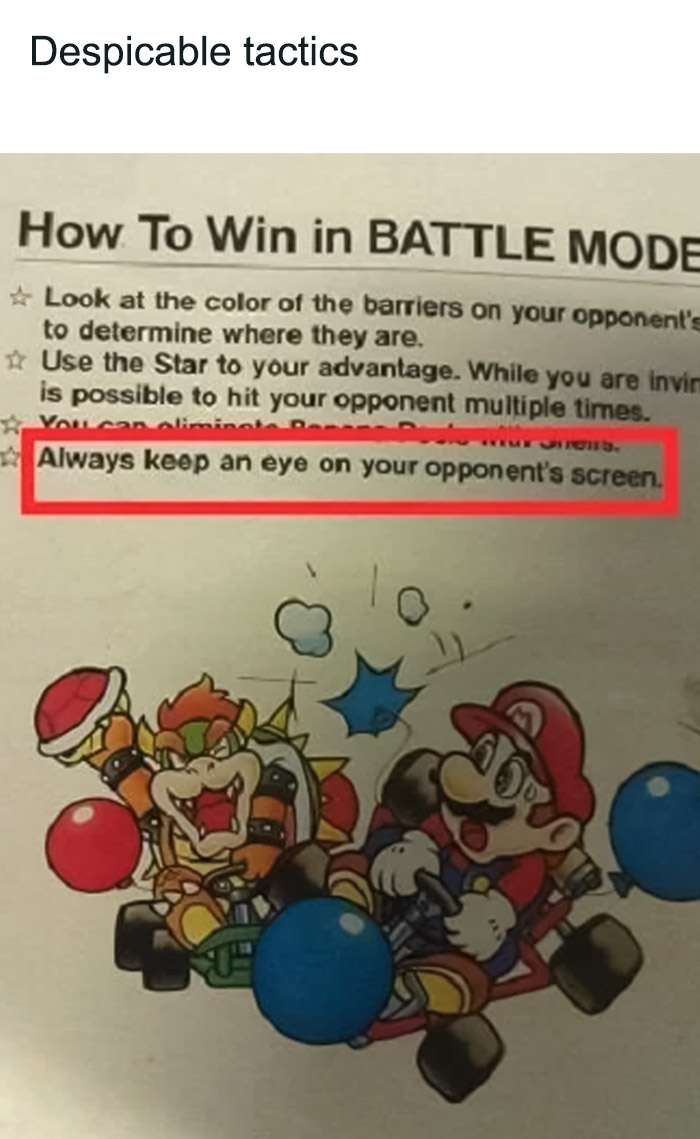 Instructions with despicable tactics on how to win in Mario Kart