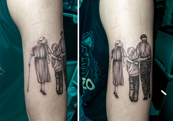 Realistic grandparents walking with grandson arm tattoo