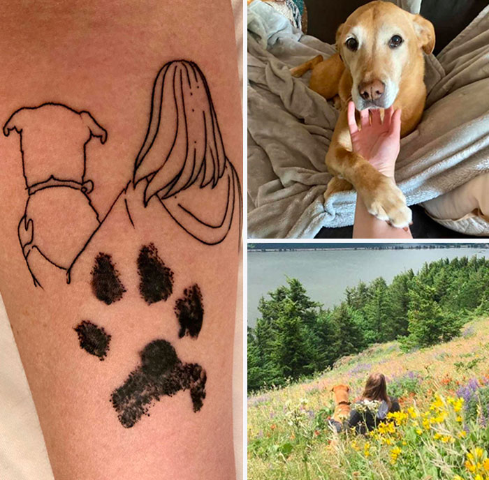 Picture of a dog sitting with a girl graphic memorial tattoo
