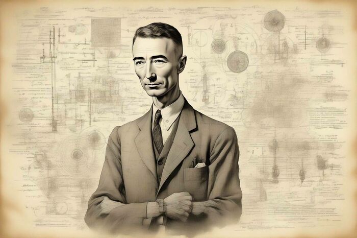 The Enigmatic Scientist: J. Robert Oppenheimer In His Element, Surrounded By Equations And Schematics With Intense Focus And The Weight Of Responsibility On His Shoulders