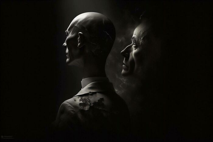 The Duality Of Science: Show The Conflicting Emotions Of Oppenheimer, Torn Between His Pursuit Of Scientific Knowledge And The Devastating Consequences Of His Work. Light And Shadow Represent This Inner Conflict