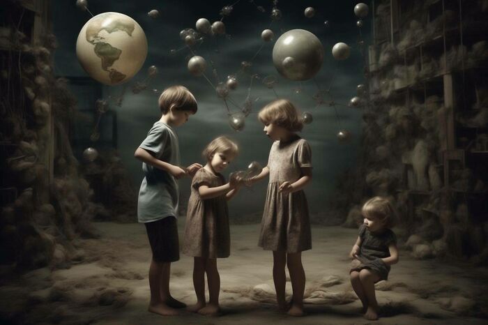 Fleeting Innocence: Carefree Moments Juxtaposed With The Looming Presence Of Scientific Progress And Its Darker Implications