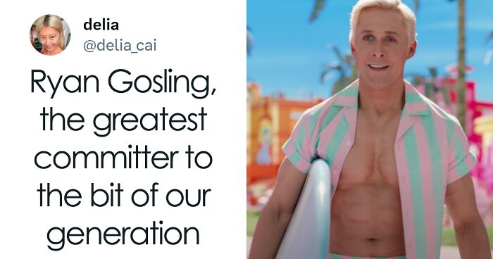 Twitter reaction praising Ryan Gosling as perfectly built to play Barbieu2019s Ken, with an image of him holding a surfboard.