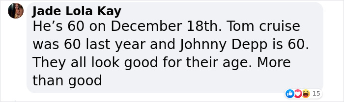 Comment discusses Brad Pitt's age, comparing him to Tom Cruise and Johnny Depp, highlighting how good they look at 60. Comment discusses Brad Pitt's age, comparing him to Tom Cruise and Johnny Depp, highlighting how good they look at 60.