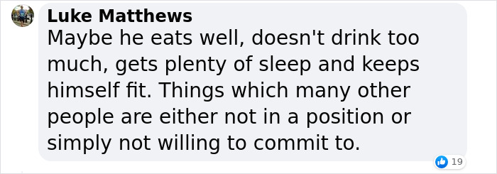 Facebook comment discussing lifestyle tips related to Brad Pitt's age. Facebook comment discussing lifestyle tips related to Brad Pitt's age.