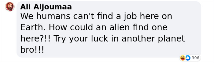 A text comment about job difficulties for a 'black alien. A text comment about job difficulties for a 'black alien.