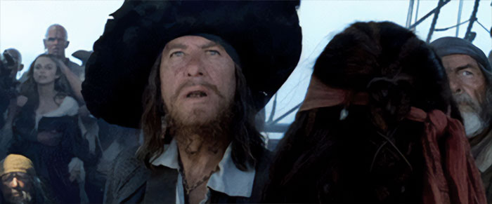 Hector Barbossa looking up while on boat 