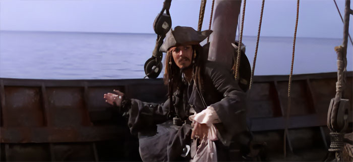 Jack Sparrow trying to jump of the boat 