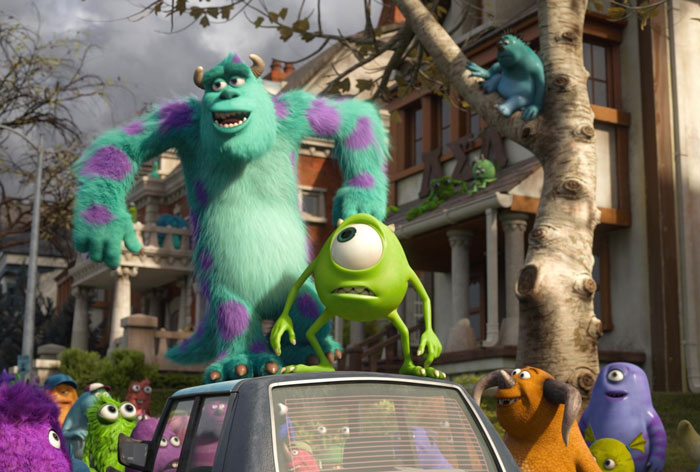 Mike and Sulley on the roof of a car