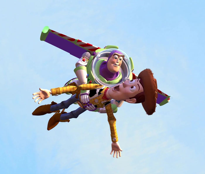 Buzz Lightyear flying together with Woody