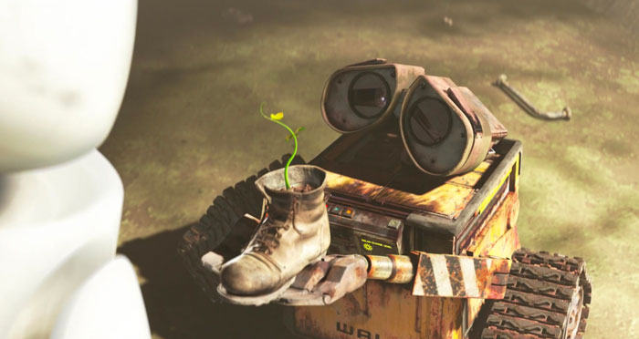 Wall-E with a plant in the shoe