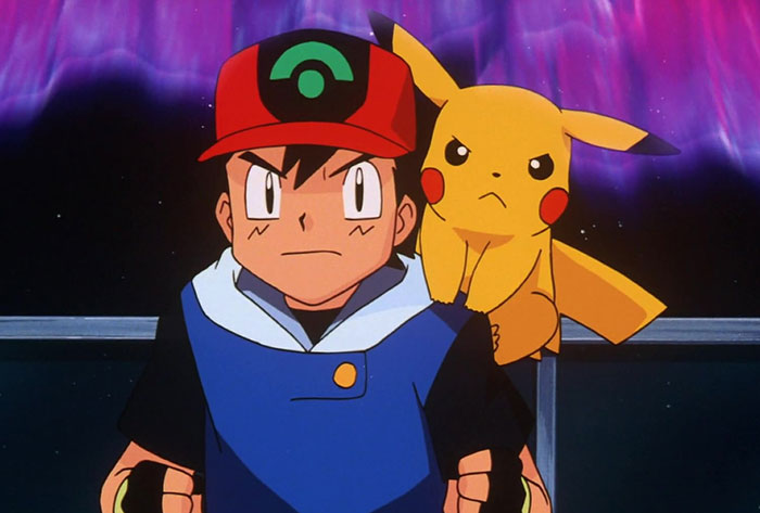 Ash Ketchum and Pikachu on his shoulder are angry