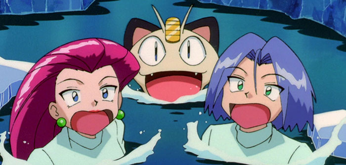Meowth, Jessie, and James with mouths open in the cold water
