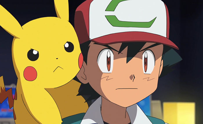 Ash Ketchum and Pikachu on his shoulder are sad