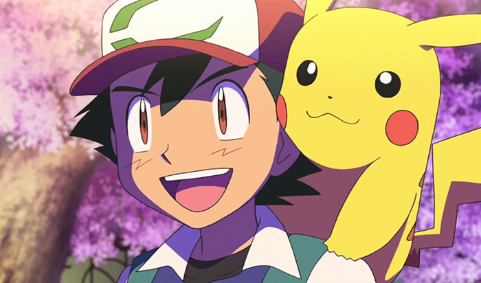 Ash Ketchum is happy with Pikachu on his back and pink trees in the background
