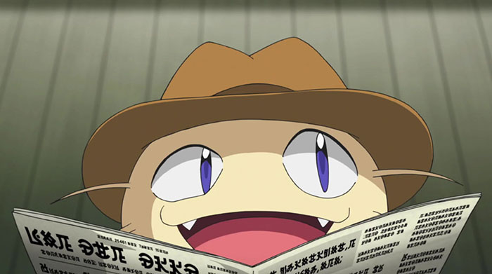 Meowth with a hat is reading the newspaper