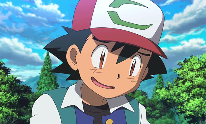 Ash Ketchum with his mouth open and forest in the background
