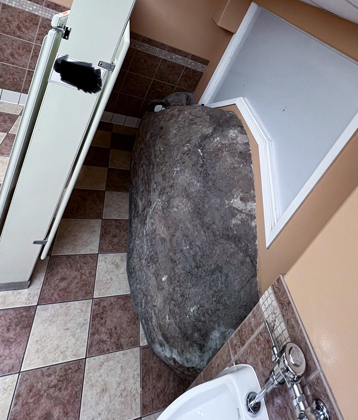 This Bathroom Has An Artificial Rock Outcropping Where They Stash The Plunger