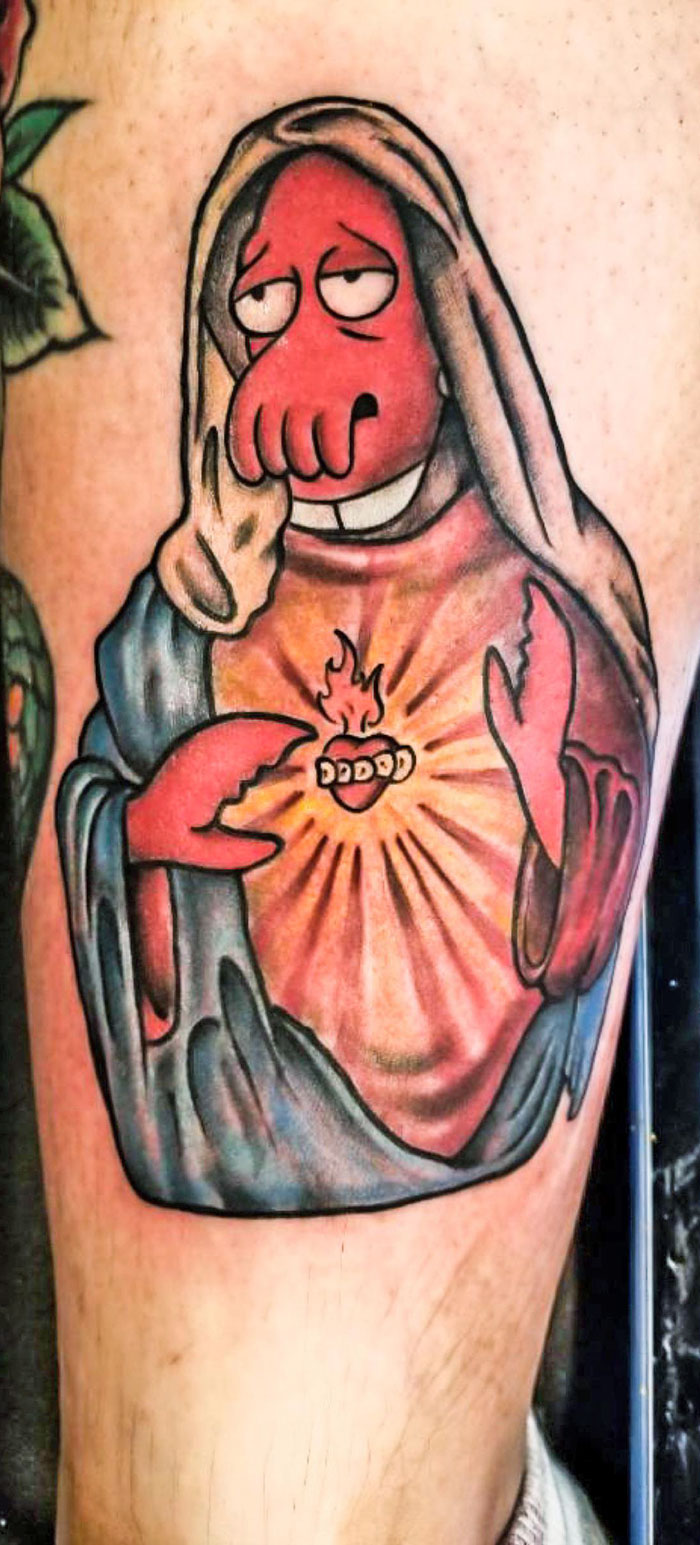 I Drew A Zoidberg Virgin Mary Tattoo Design And Got It Tattooed On My Leg. Enjoy