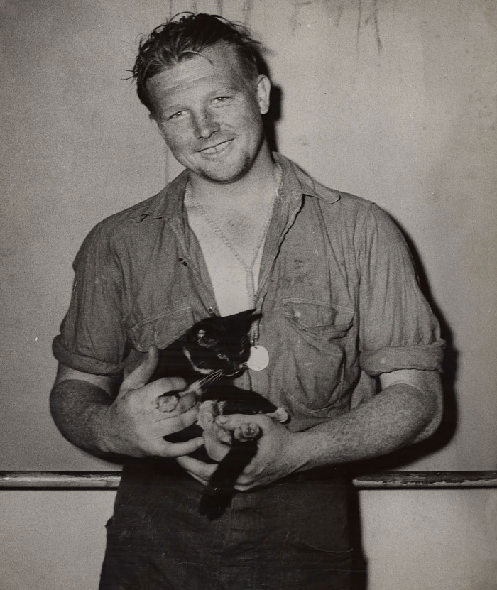The Kitten Named Midnight Fills The Hands Of Coast Guardsman Elmer T. Barnes, Seaman First Class