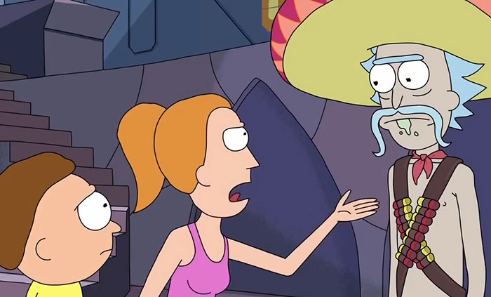 Rick wearing sombrero, Summer wearing pink shirt, Morty wearing yellow shirt