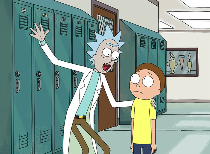 Rick wearing white lab coat and Morty wearing yellow shirt