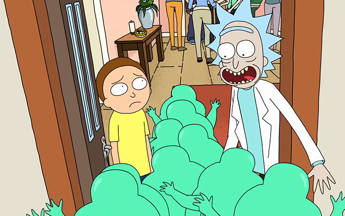 Rick wearing white lab coat, Morty wearing yellow shirt
