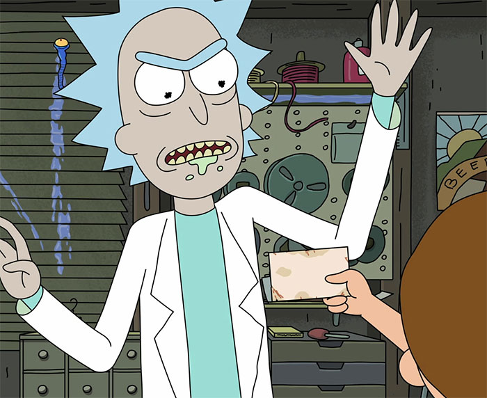 Rick wearing white lab coat